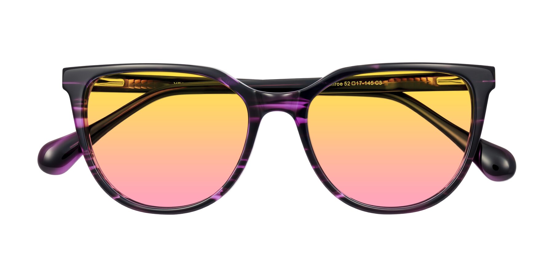 Folded Front of Glenroe in Purple Striped with Yellow / Pink Gradient Lenses