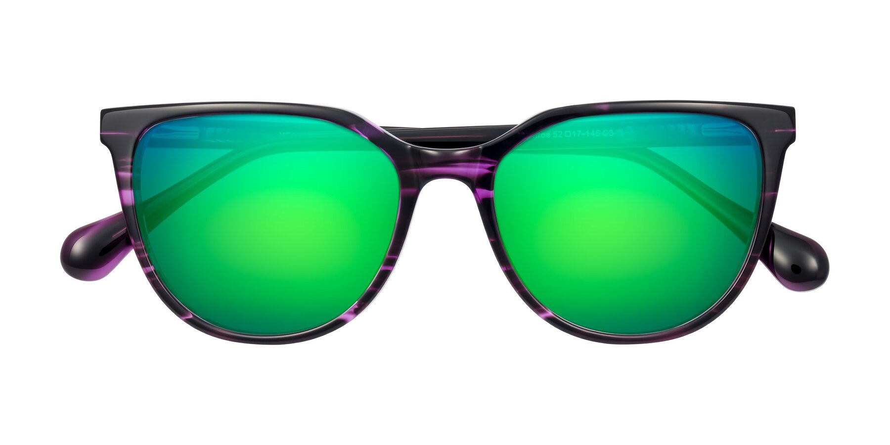 Folded Front of Glenroe in Purple Striped with Green Mirrored Lenses