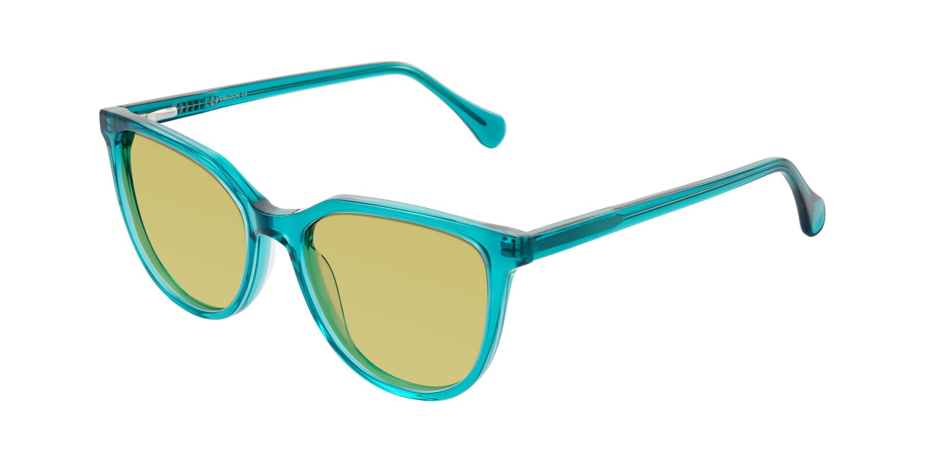 Angle of Glenroe in Peacock with Medium Champagne Tinted Lenses
