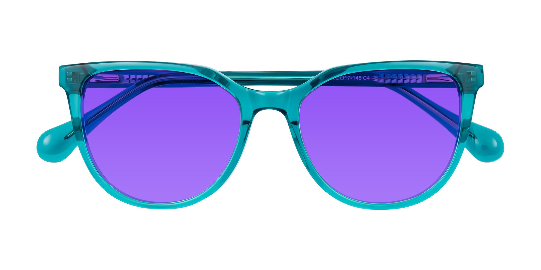 Folded Front of Glenroe in Peacock with Purple Tinted Lenses