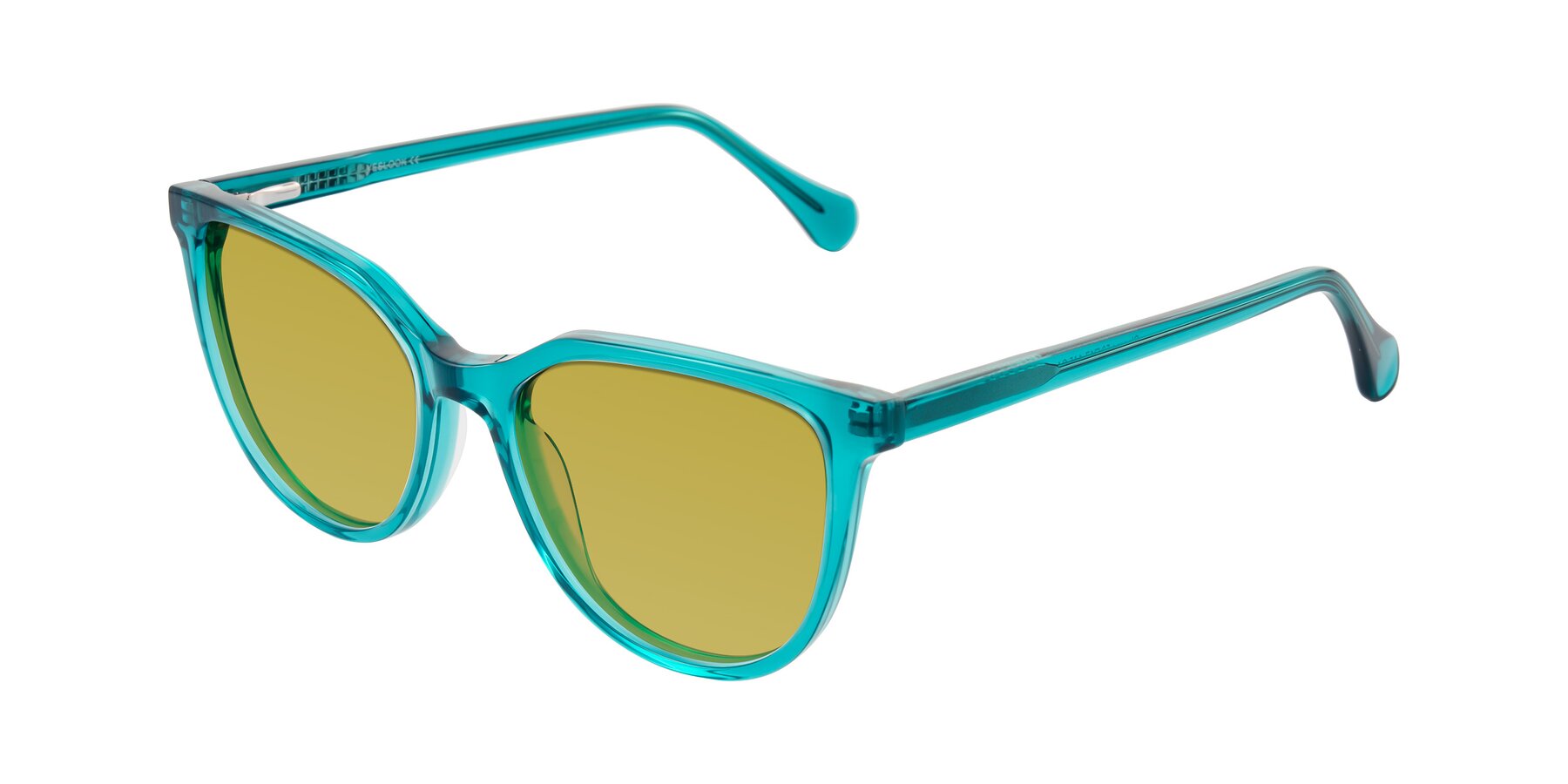 Angle of Glenroe in Peacock with Champagne Tinted Lenses