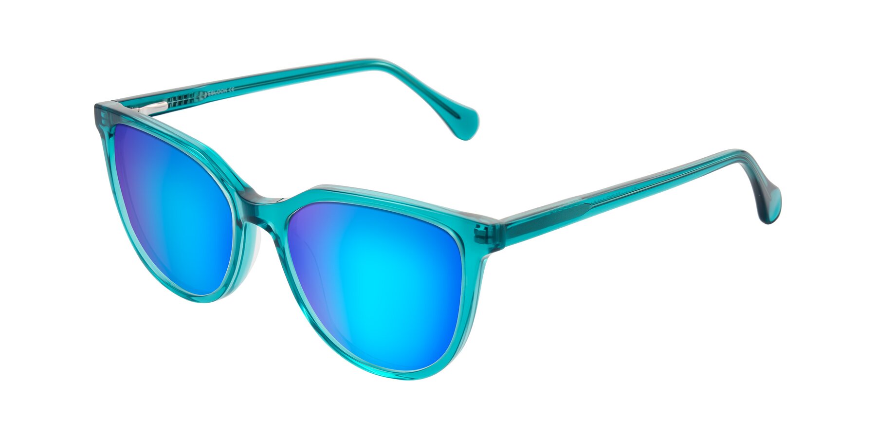 Angle of Glenroe in Peacock with Blue Mirrored Lenses