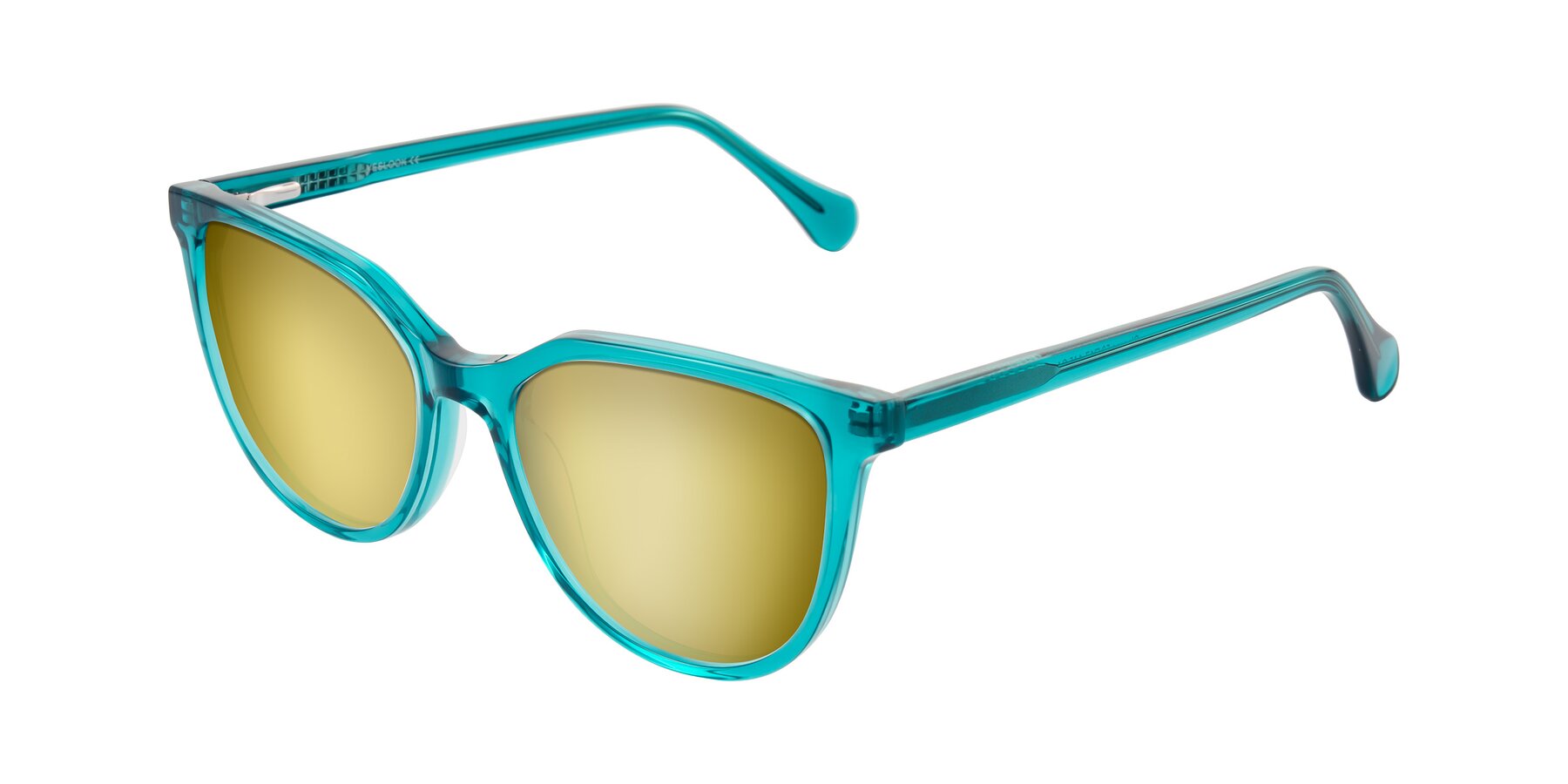 Angle of Glenroe in Peacock with Gold Mirrored Lenses