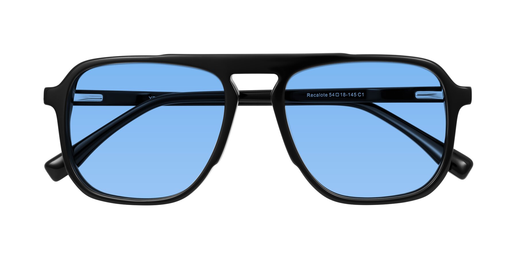 Folded Front of Recalote in Black with Medium Blue Tinted Lenses