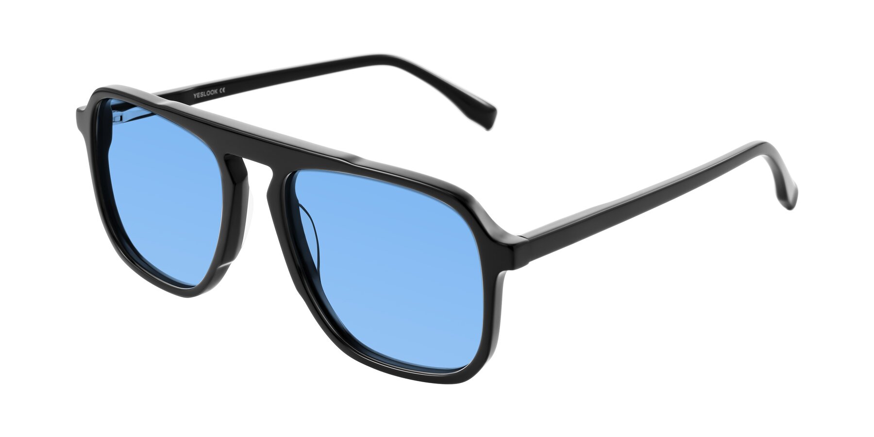 Angle of Recalote in Black with Medium Blue Tinted Lenses