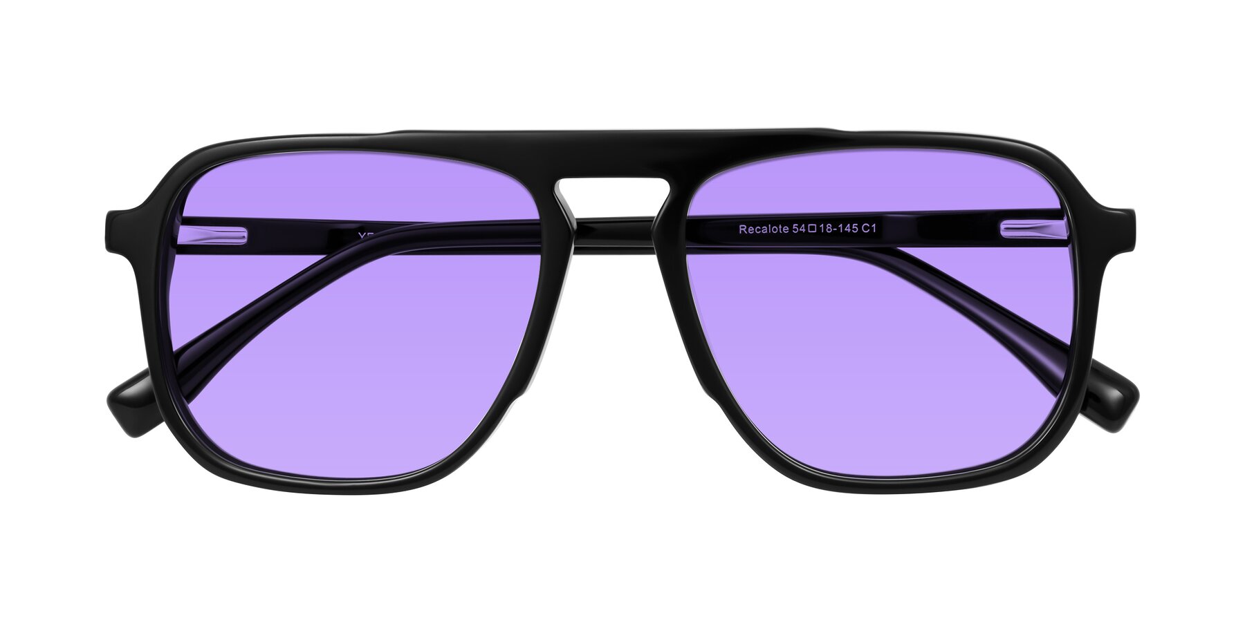 Folded Front of Recalote in Black with Medium Purple Tinted Lenses