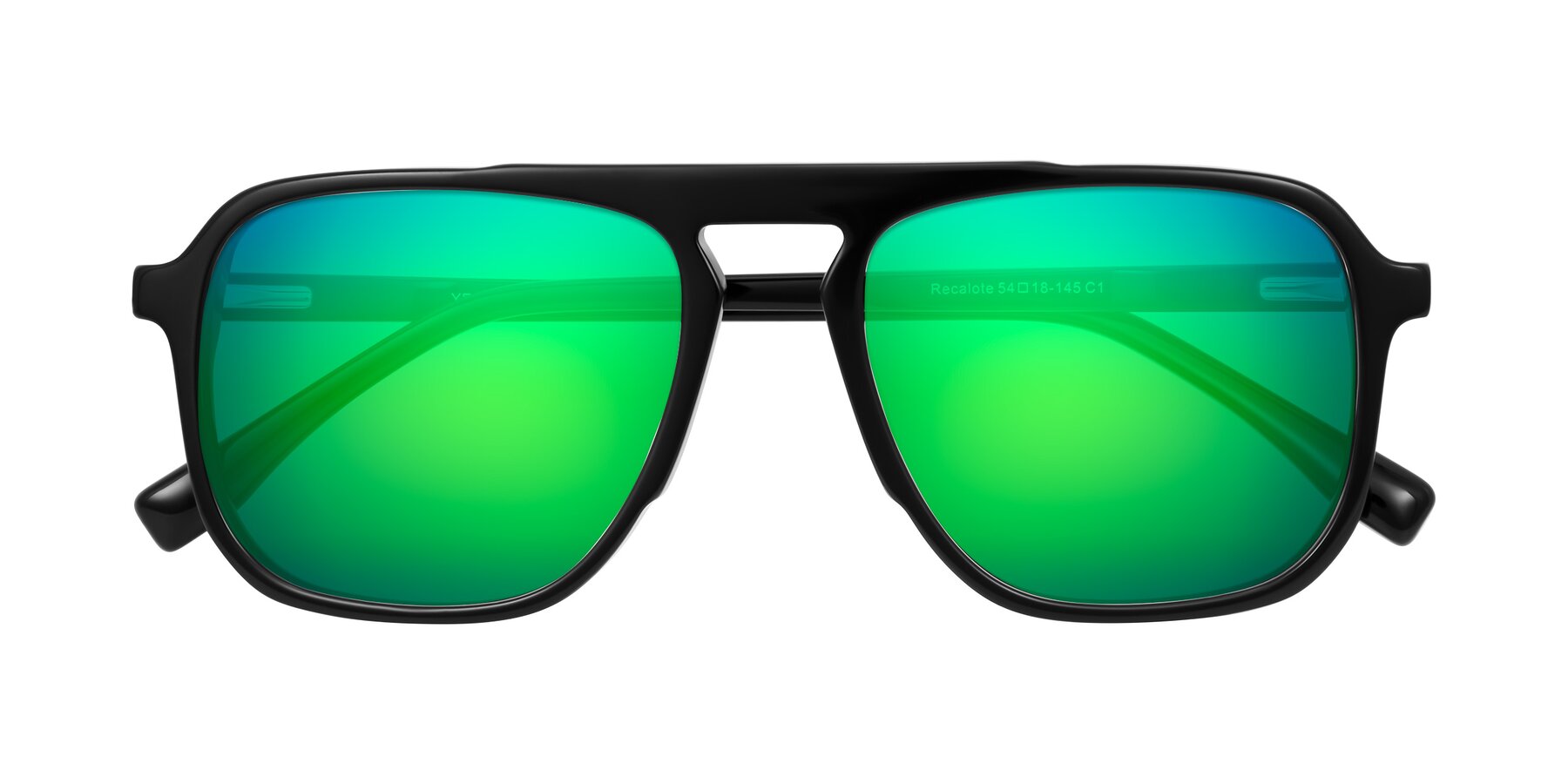 Folded Front of Recalote in Black with Green Mirrored Lenses