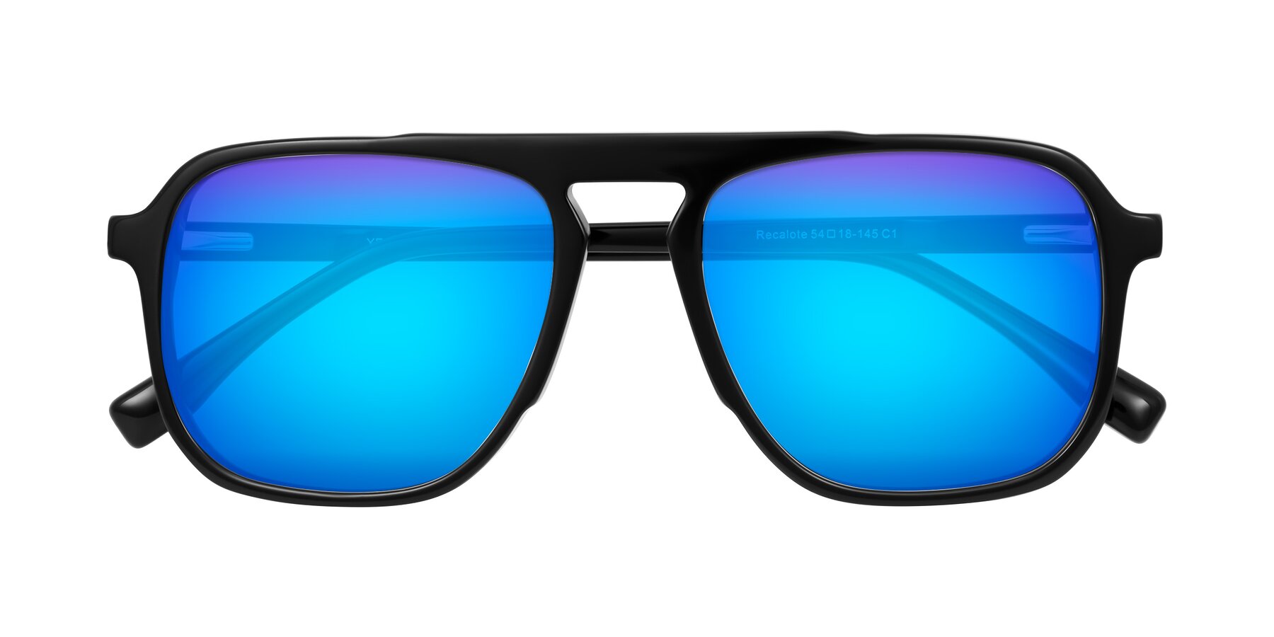 Folded Front of Recalote in Black with Blue Mirrored Lenses