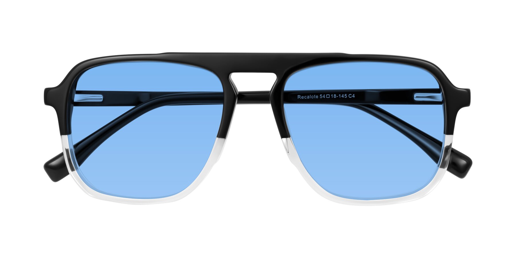 Folded Front of Recalote in Black/Clear with Medium Blue Tinted Lenses