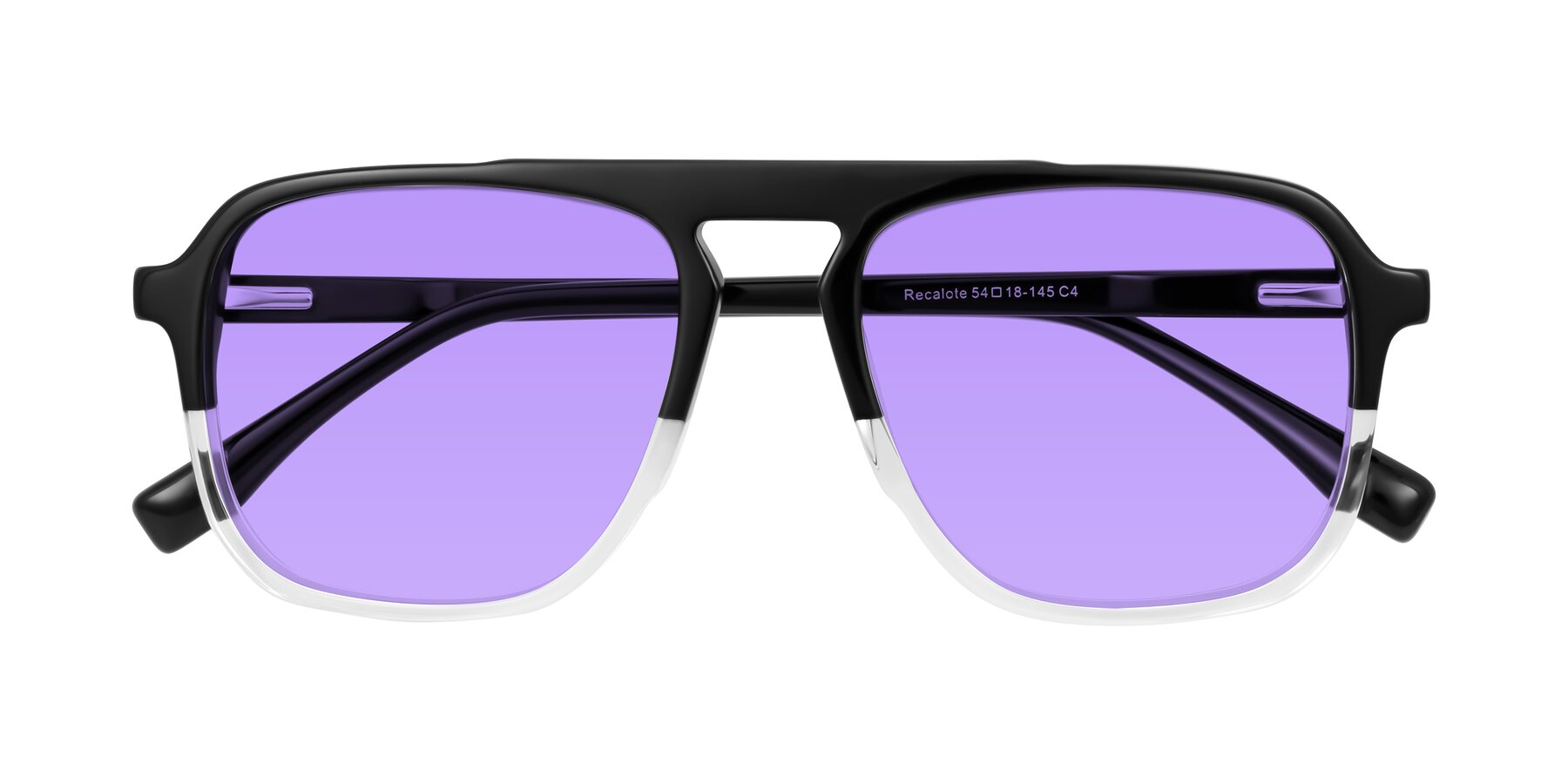 Folded Front of Recalote in Black/Clear with Medium Purple Tinted Lenses