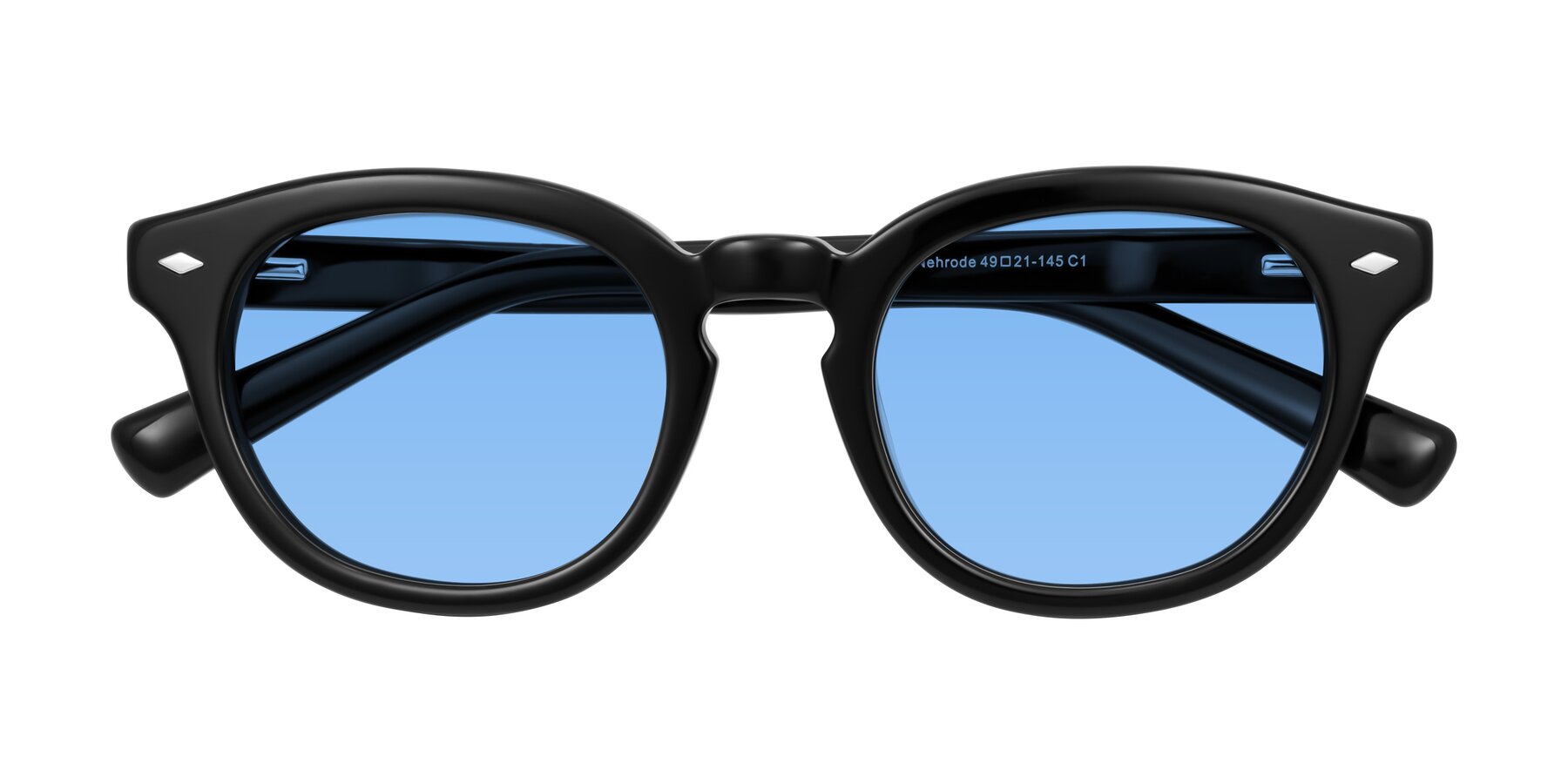 Folded Front of Nehrode in Black with Medium Blue Tinted Lenses