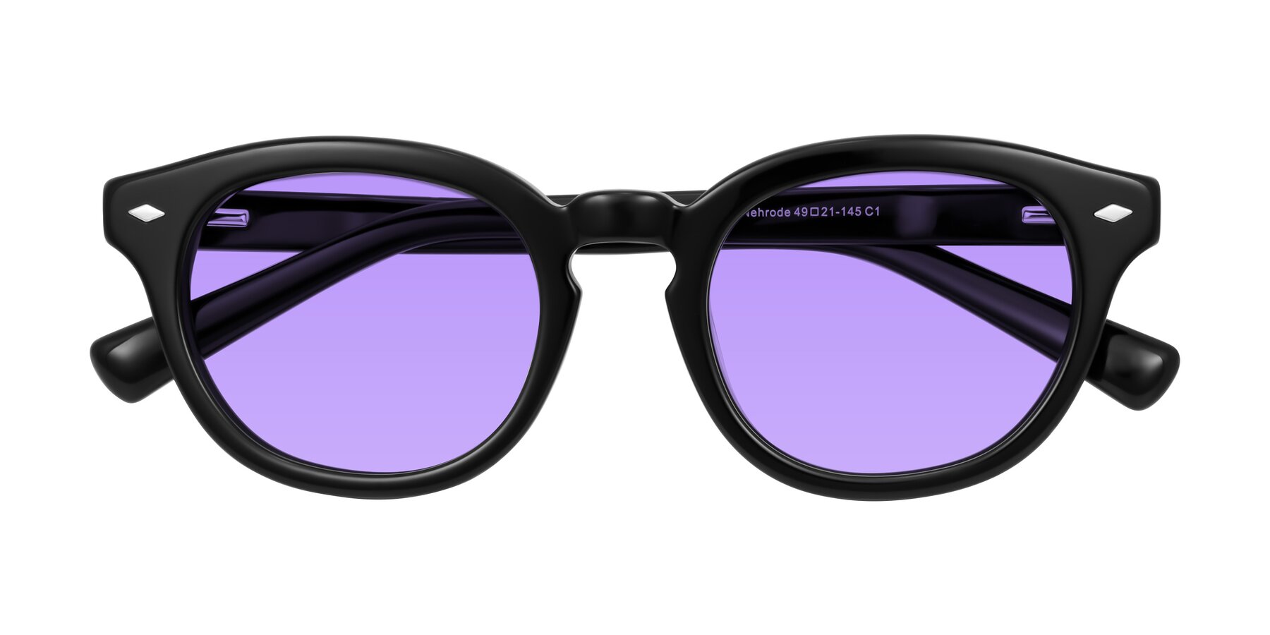 Folded Front of Nehrode in Black with Medium Purple Tinted Lenses
