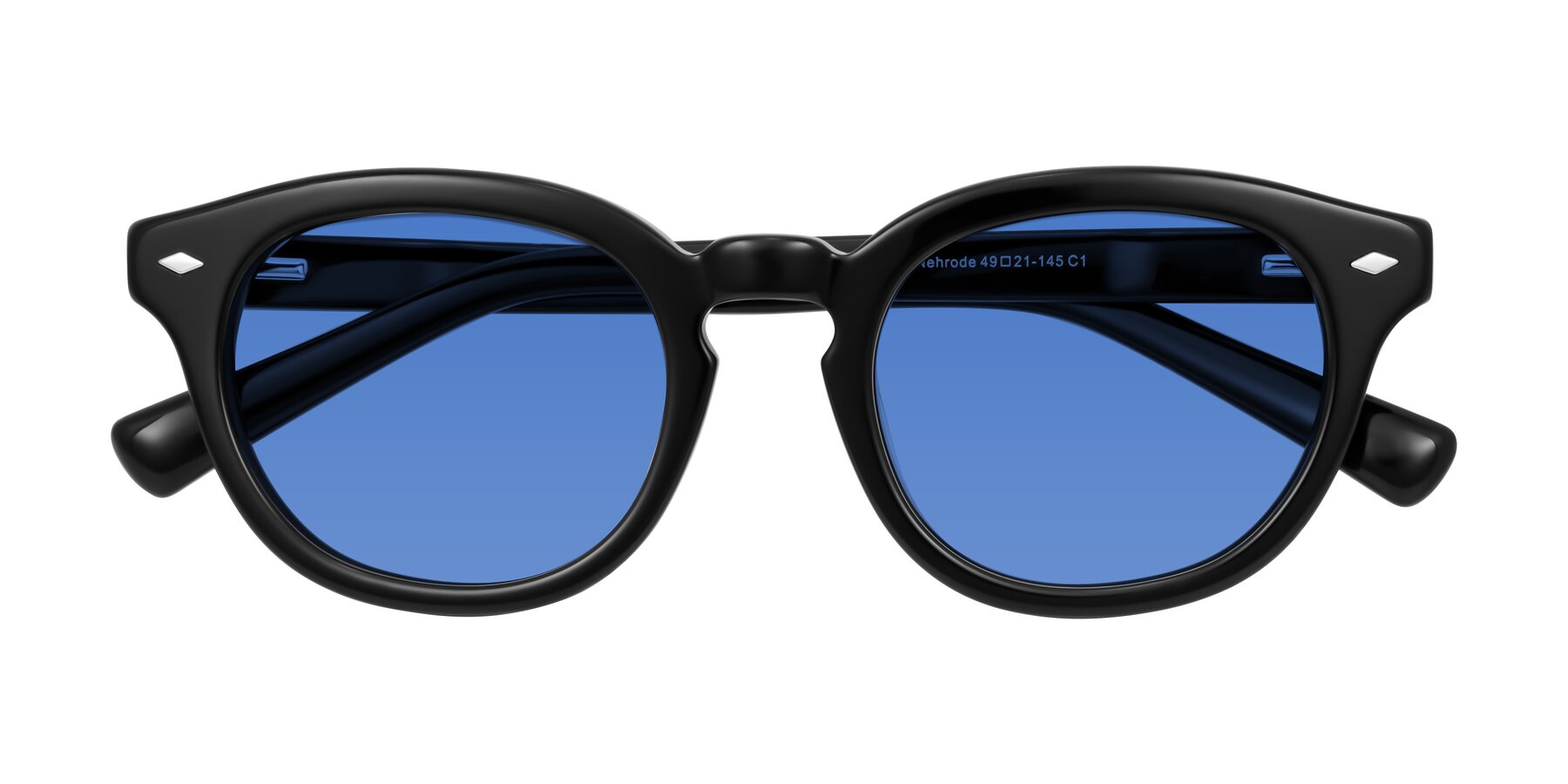 Folded Front of Nehrode in Black with Blue Tinted Lenses