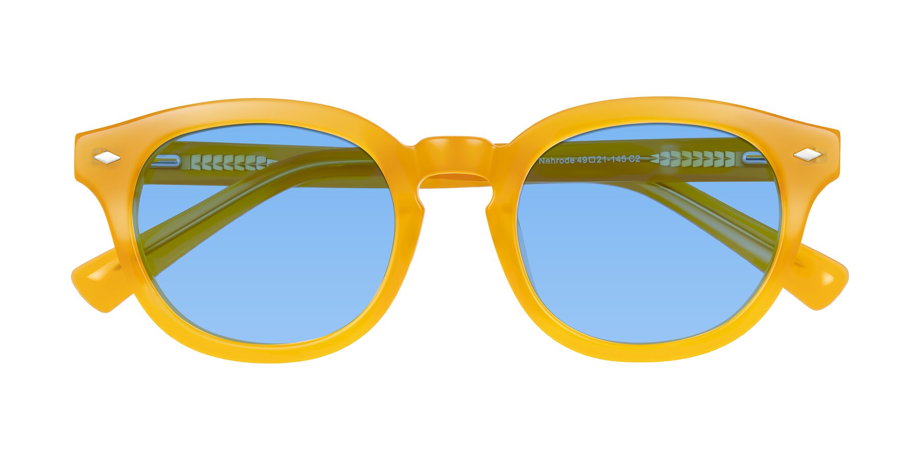 Folded Front of Nehrode in Honey with Medium Blue Tinted Lenses
