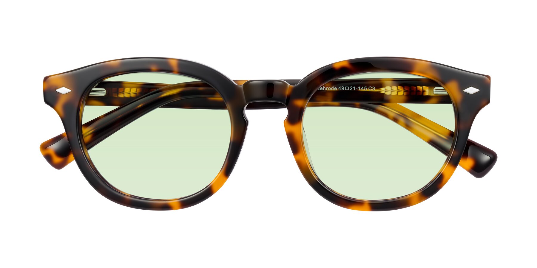 Folded Front of Nehrode in Tortoise with Light Green Tinted Lenses