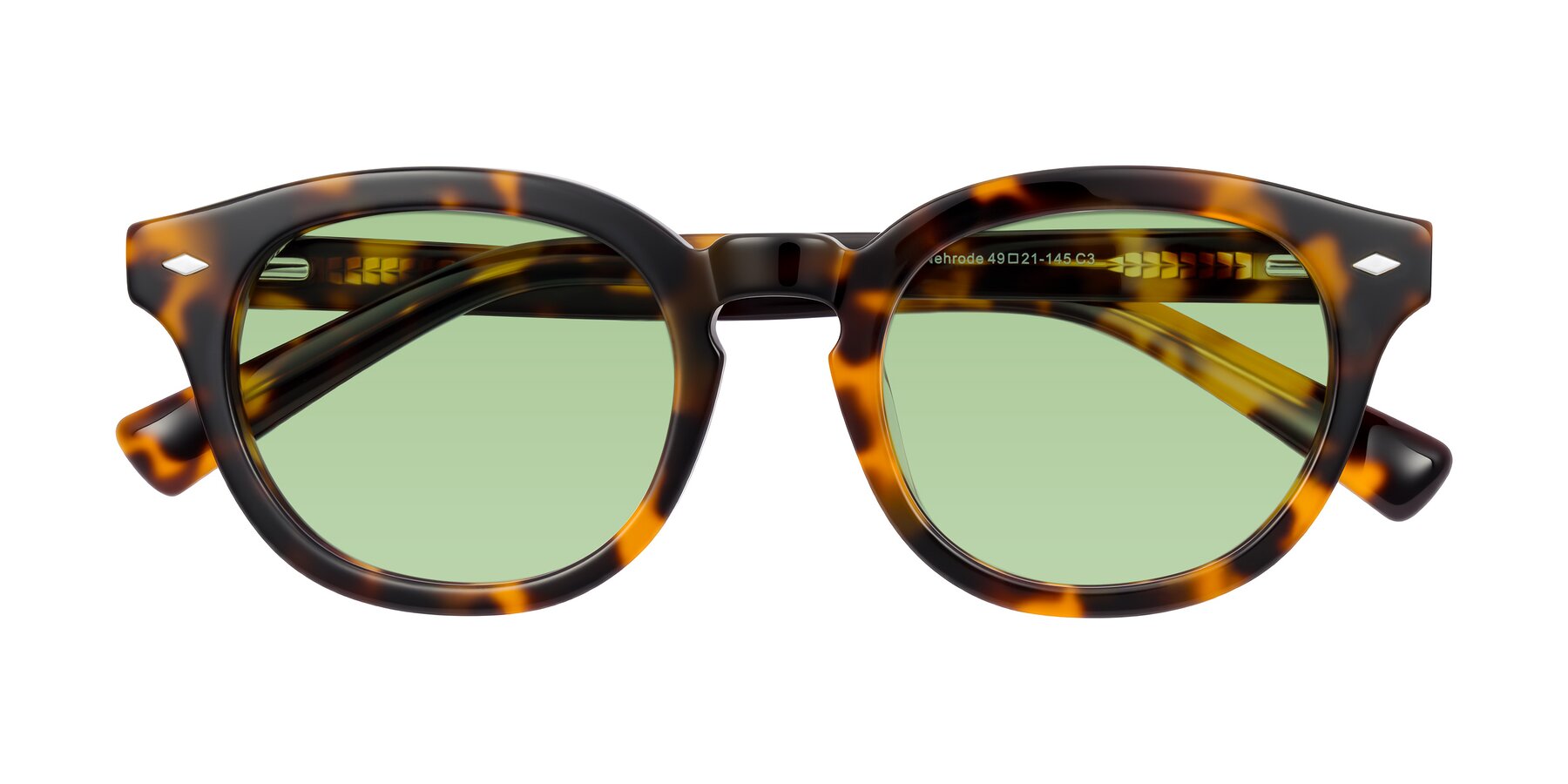 Folded Front of Nehrode in Tortoise with Medium Green Tinted Lenses
