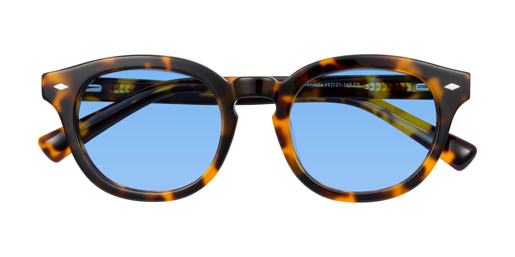 Folded Front of Nehrode in Tortoise with Medium Blue Tinted Lenses