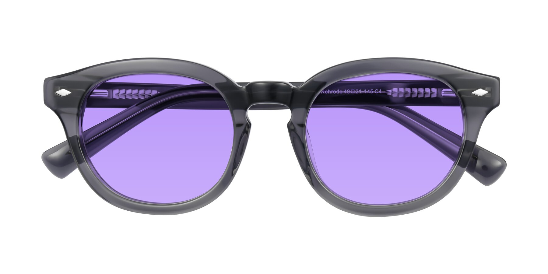 Folded Front of Nehrode in Gray with Medium Purple Tinted Lenses