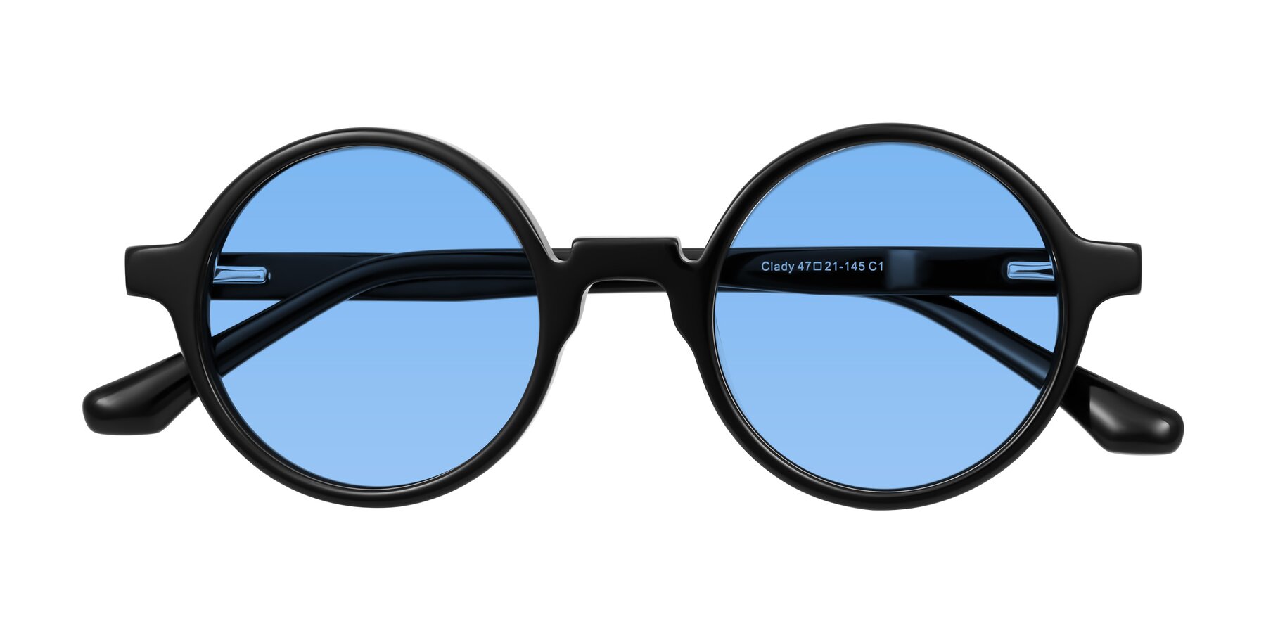 Folded Front of Clady in Black with Medium Blue Tinted Lenses