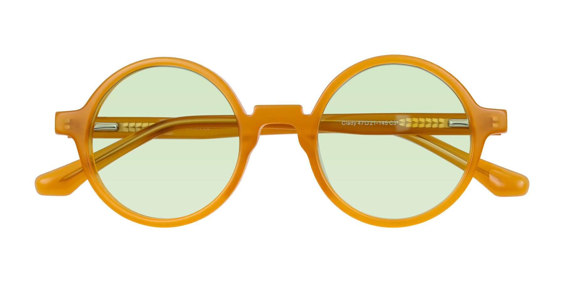 Folded Front of Clady in Caramel with Light Green Tinted Lenses