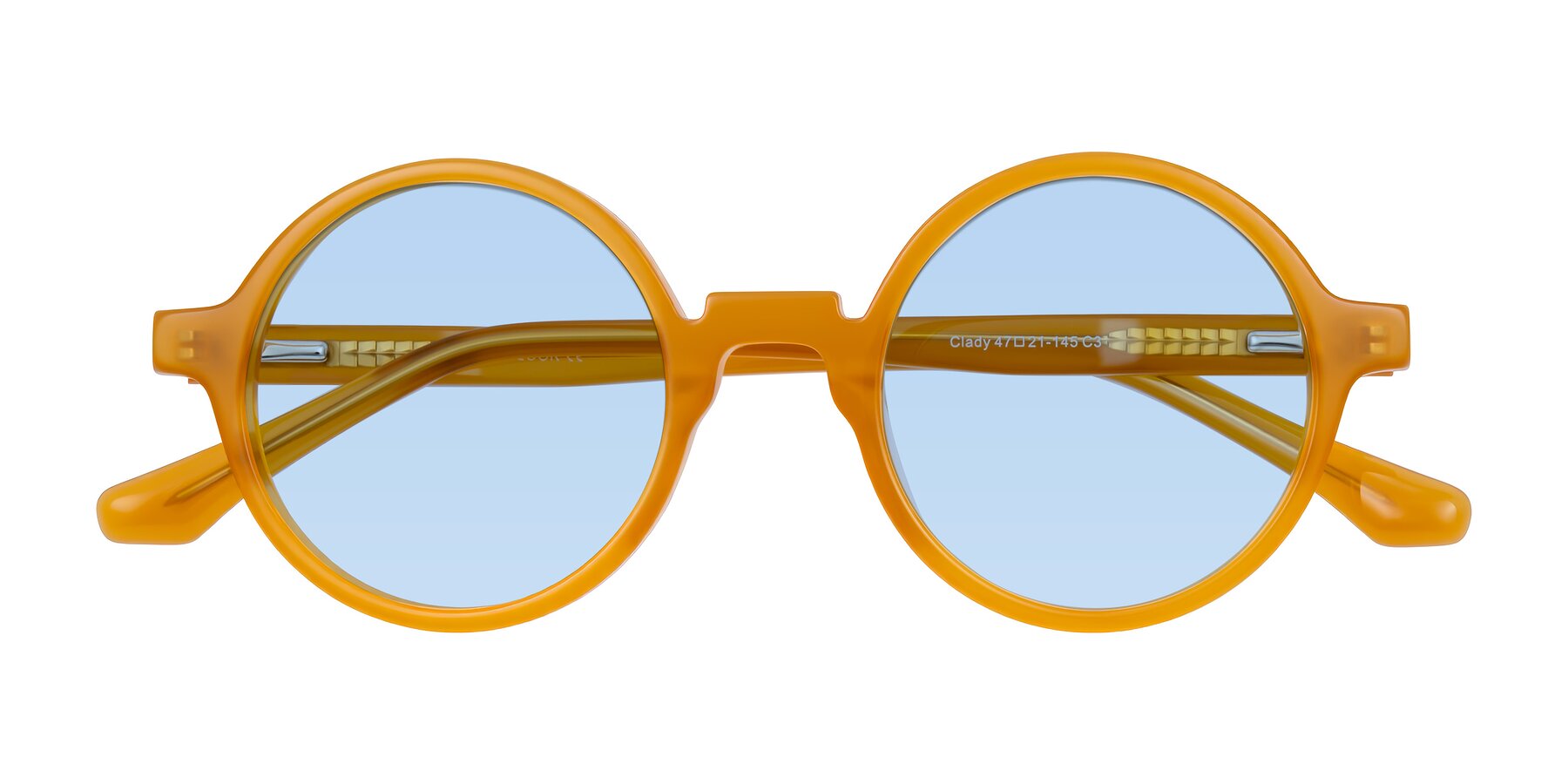 Folded Front of Clady in Caramel with Light Blue Tinted Lenses
