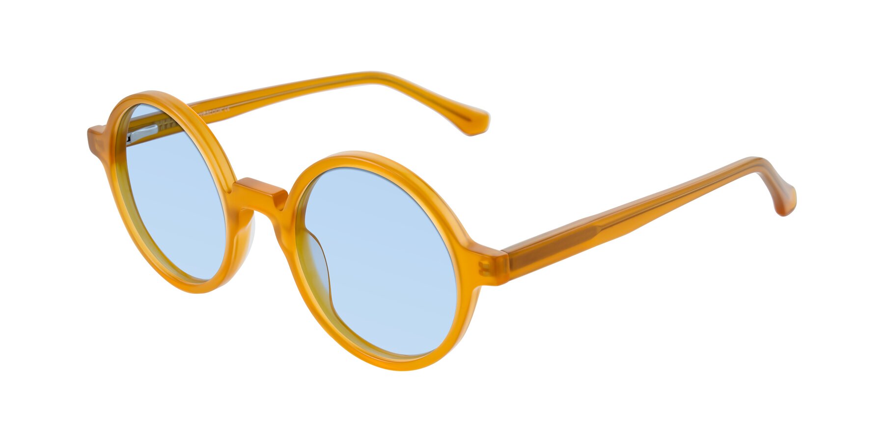 Angle of Clady in Caramel with Light Blue Tinted Lenses