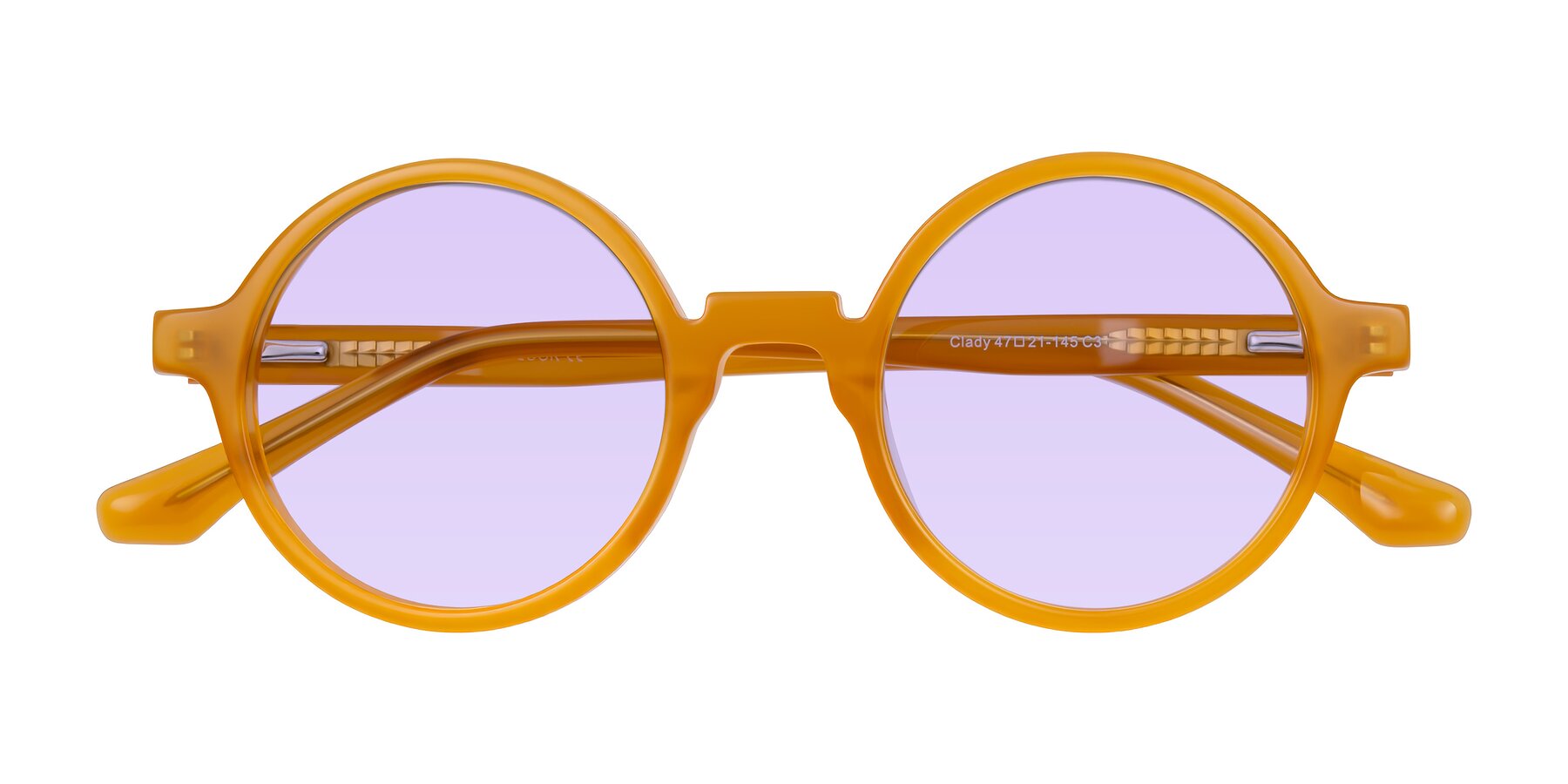 Folded Front of Clady in Caramel with Light Purple Tinted Lenses