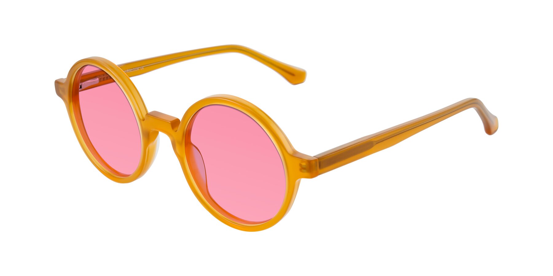 Angle of Clady in Caramel with Pink Tinted Lenses