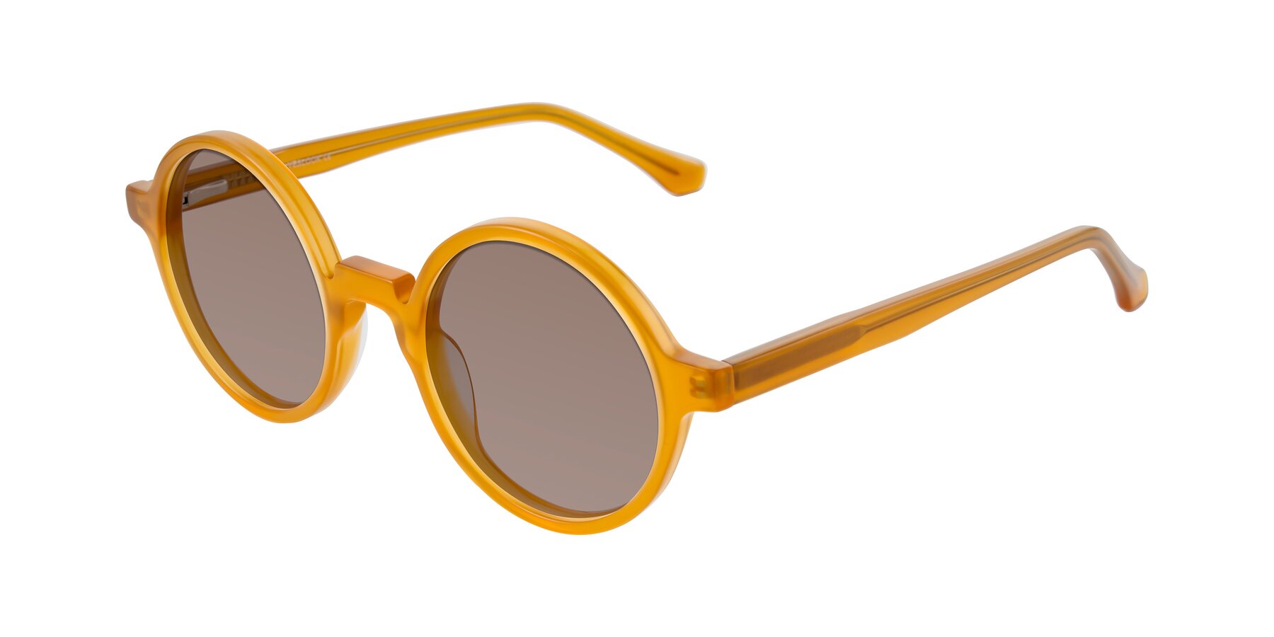 Angle of Clady in Caramel with Medium Brown Tinted Lenses