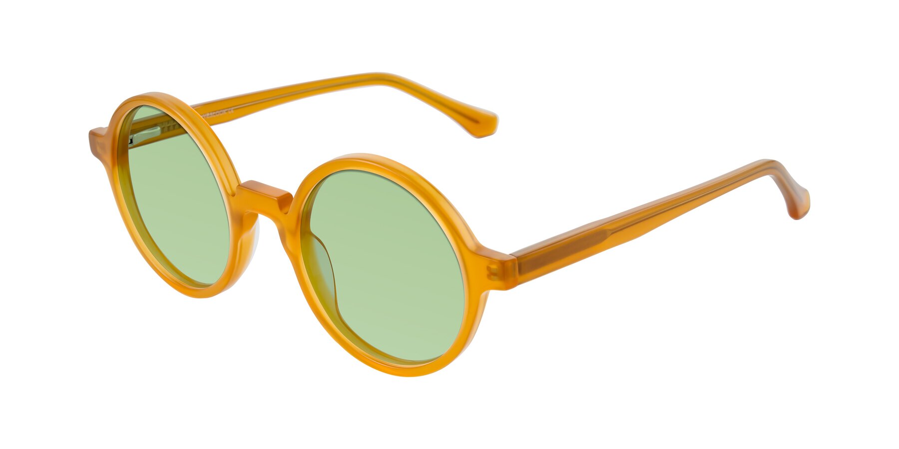 Angle of Clady in Caramel with Medium Green Tinted Lenses