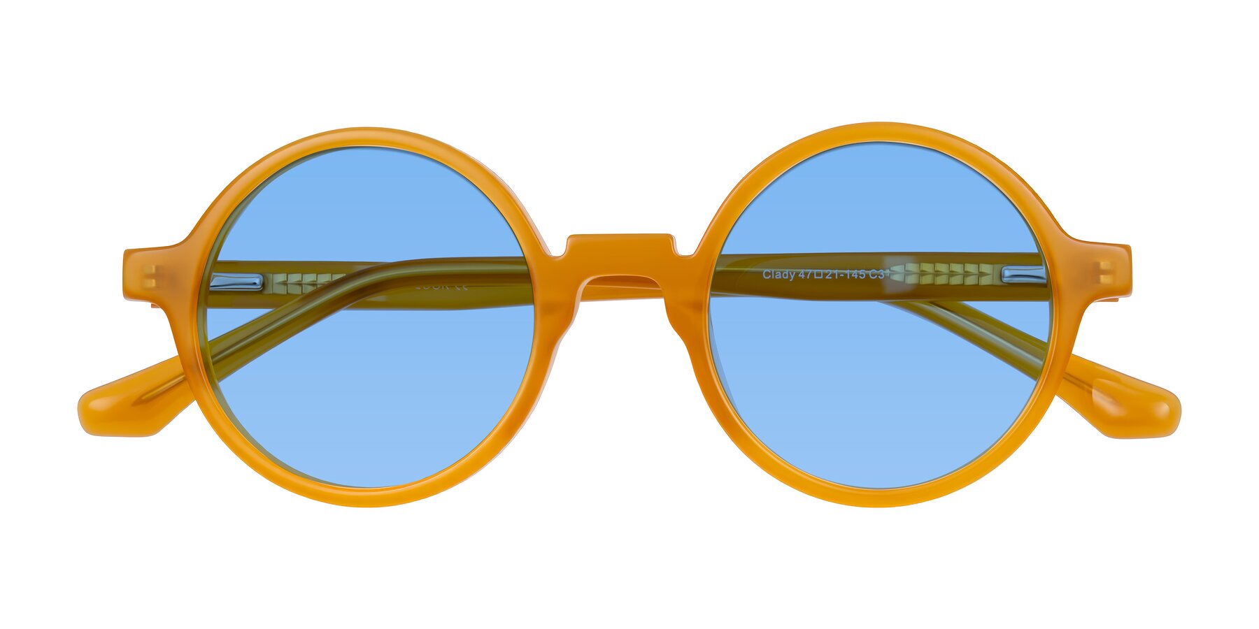 Folded Front of Clady in Caramel with Medium Blue Tinted Lenses