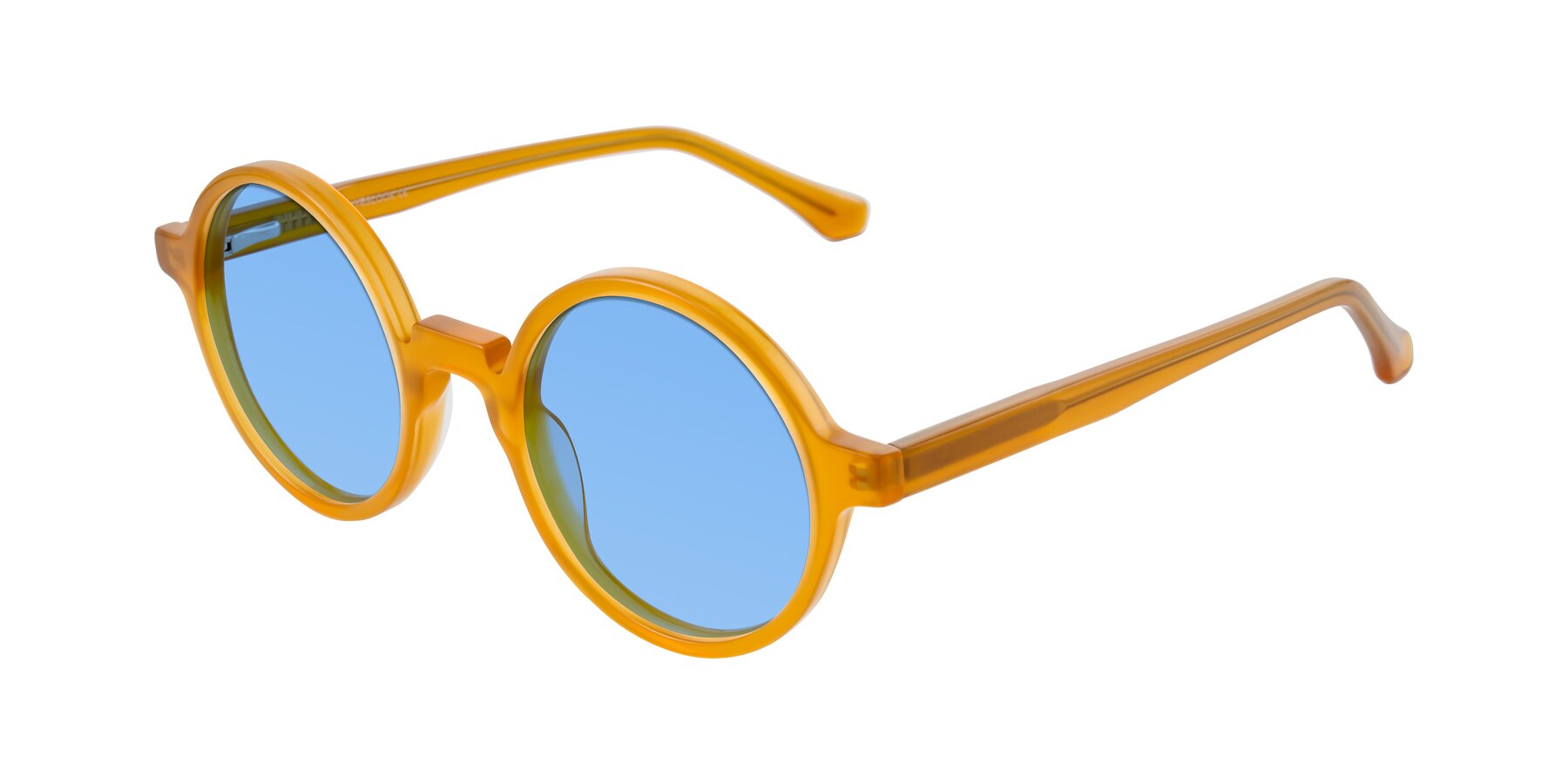 Angle of Clady in Caramel with Medium Blue Tinted Lenses