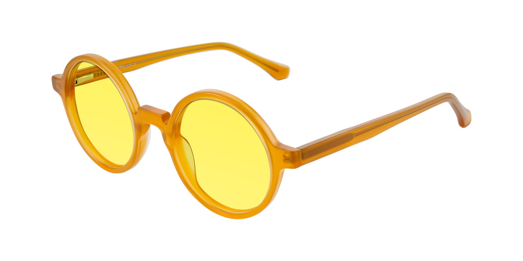Angle of Clady in Caramel with Medium Yellow Tinted Lenses