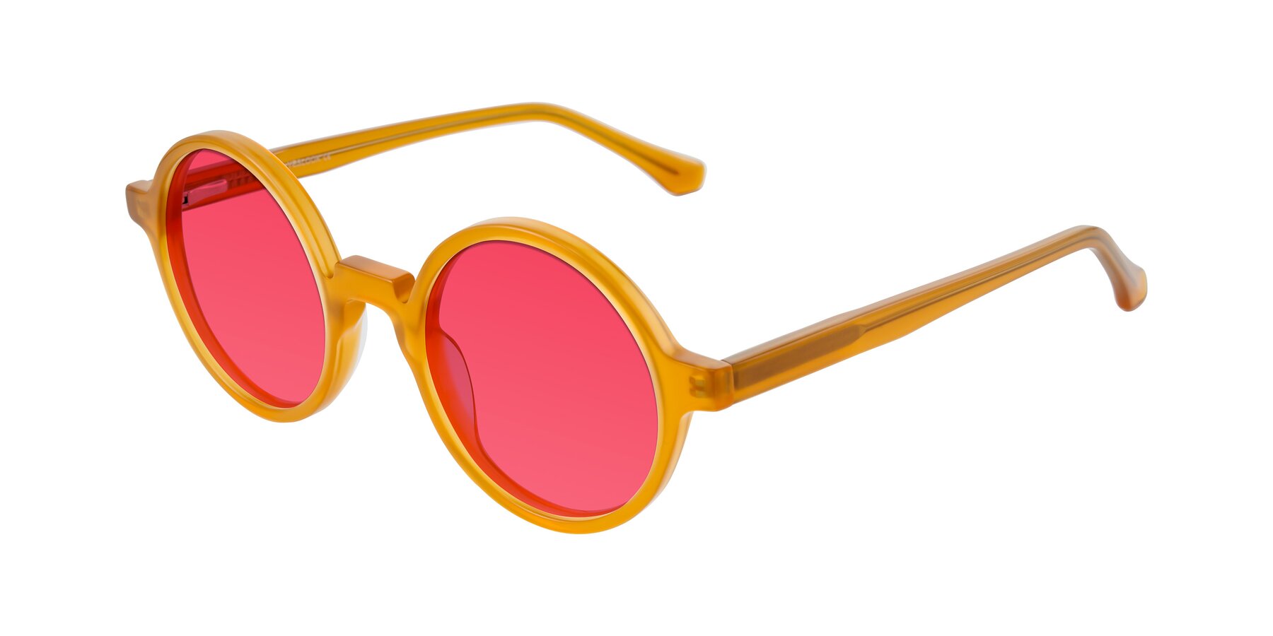 Angle of Clady in Caramel with Red Tinted Lenses