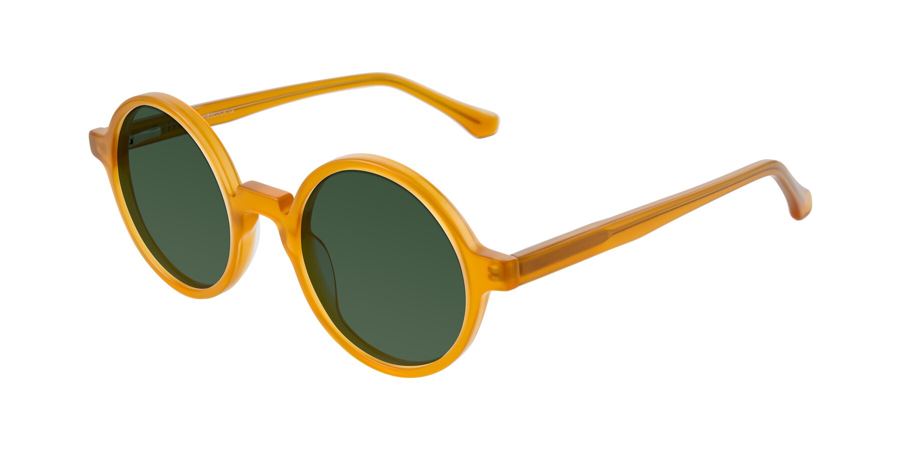 Angle of Clady in Caramel with Green Tinted Lenses
