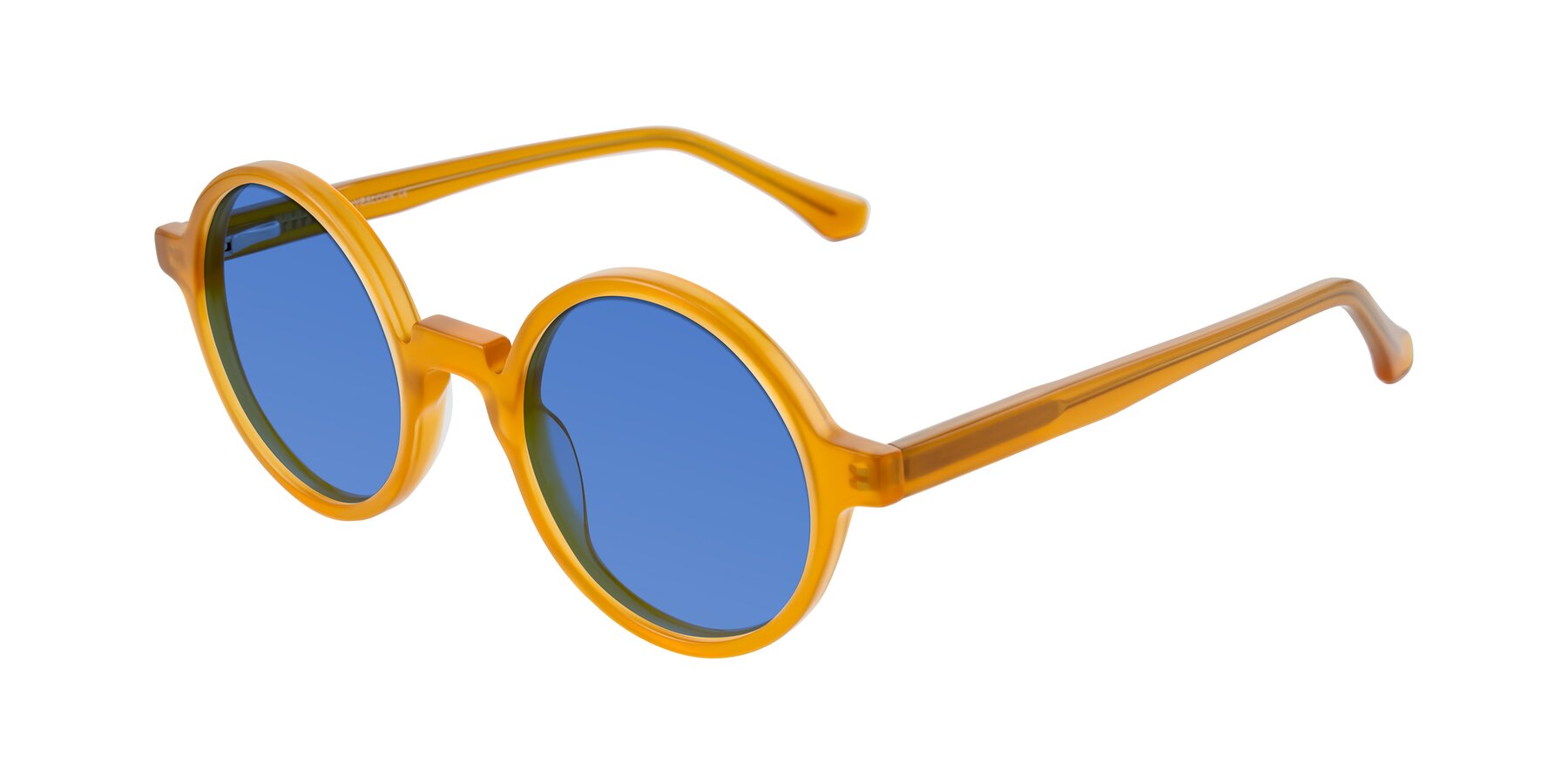 Angle of Clady in Caramel with Blue Tinted Lenses