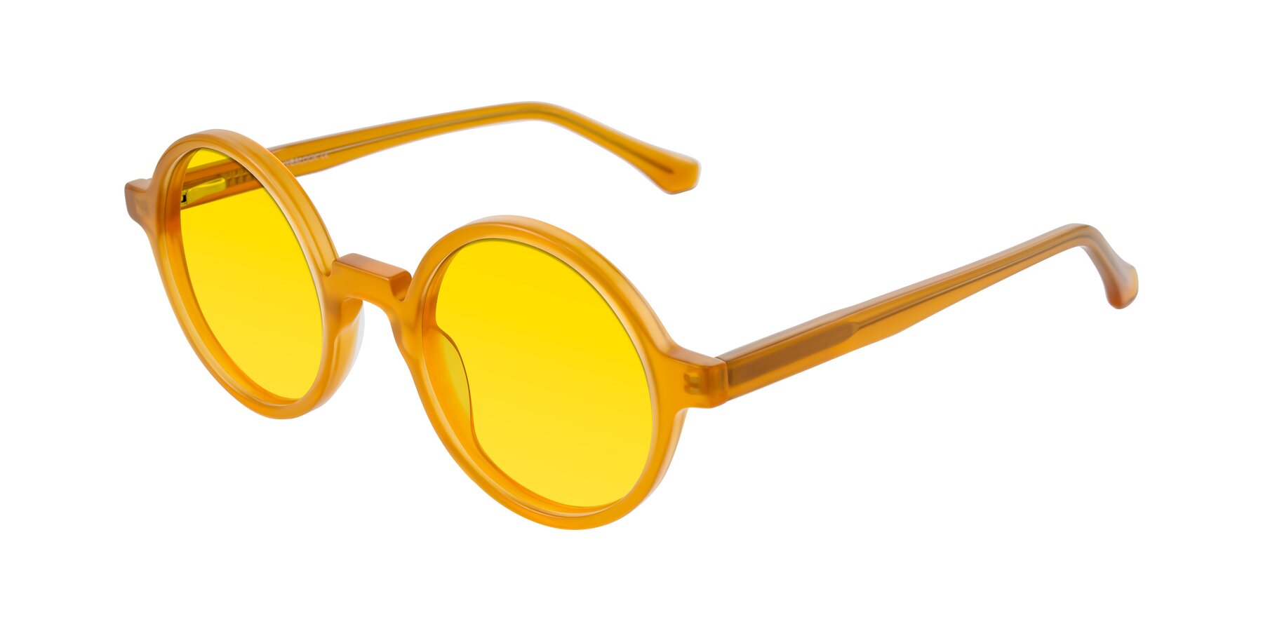 Angle of Clady in Caramel with Yellow Tinted Lenses