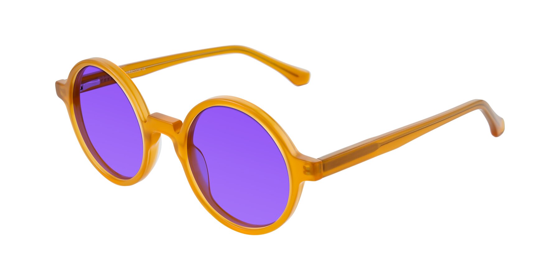 Angle of Clady in Caramel with Purple Tinted Lenses