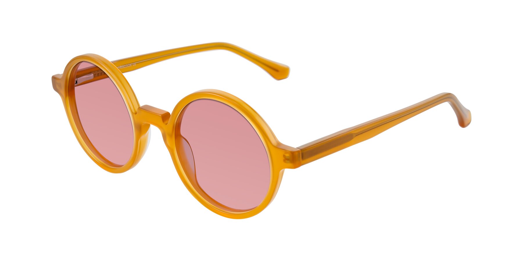 Angle of Clady in Caramel with Medium Garnet Tinted Lenses