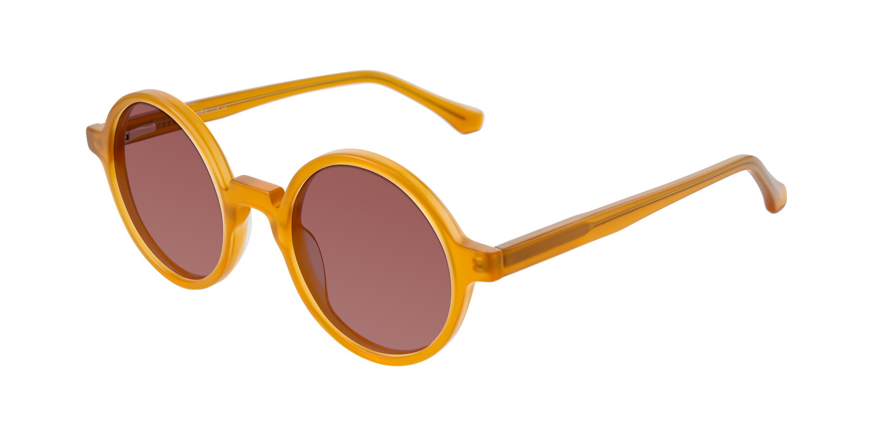 Angle of Clady in Caramel with Garnet Tinted Lenses