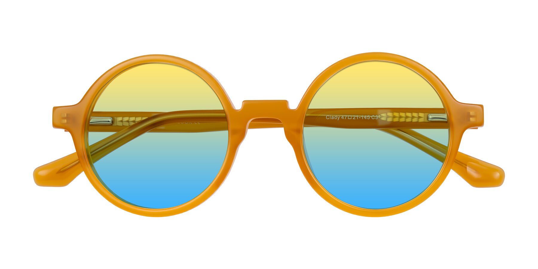 Folded Front of Clady in Caramel with Yellow / Blue Gradient Lenses