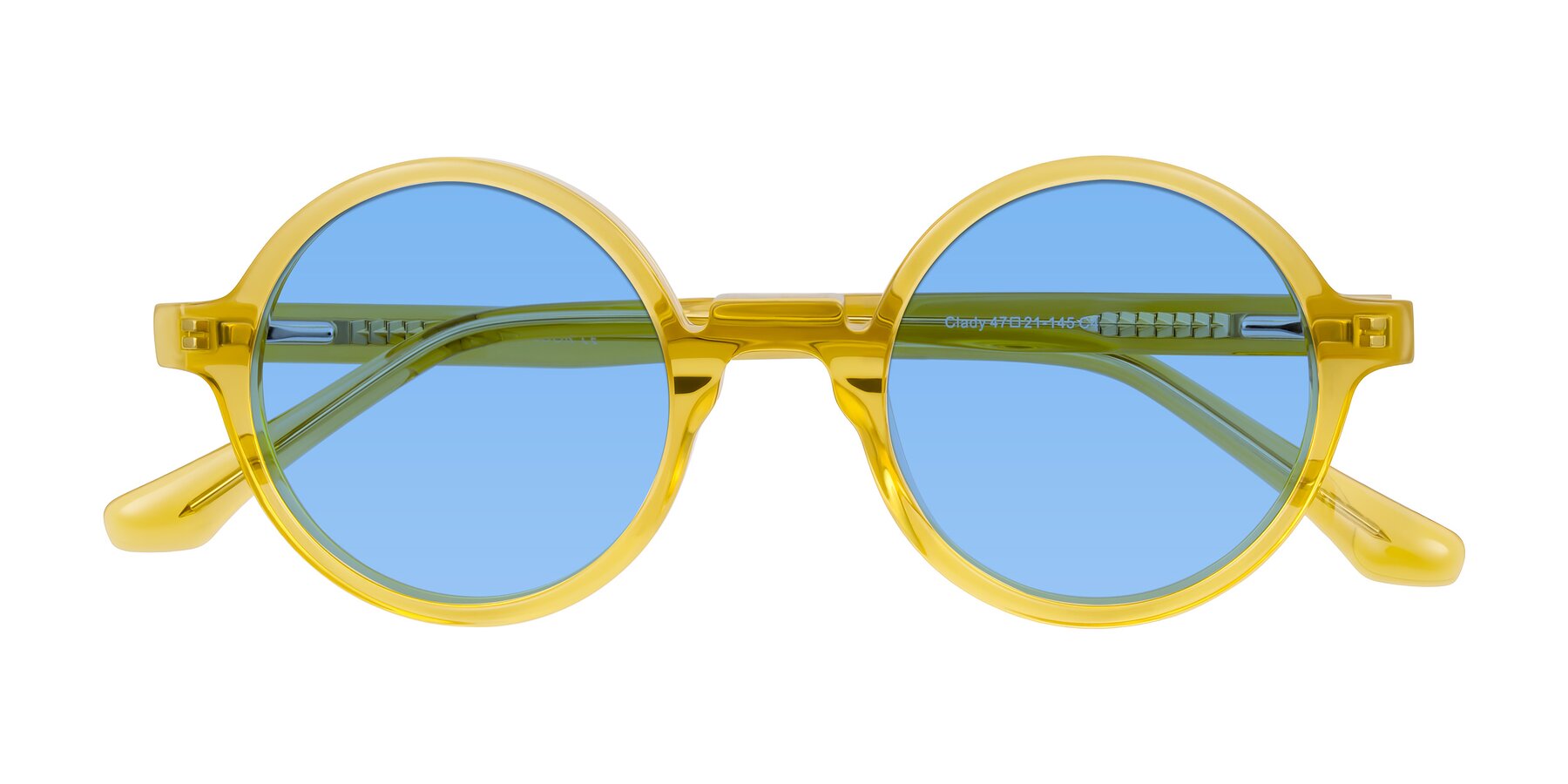 Folded Front of Clady in Mustard Crystal with Medium Blue Tinted Lenses