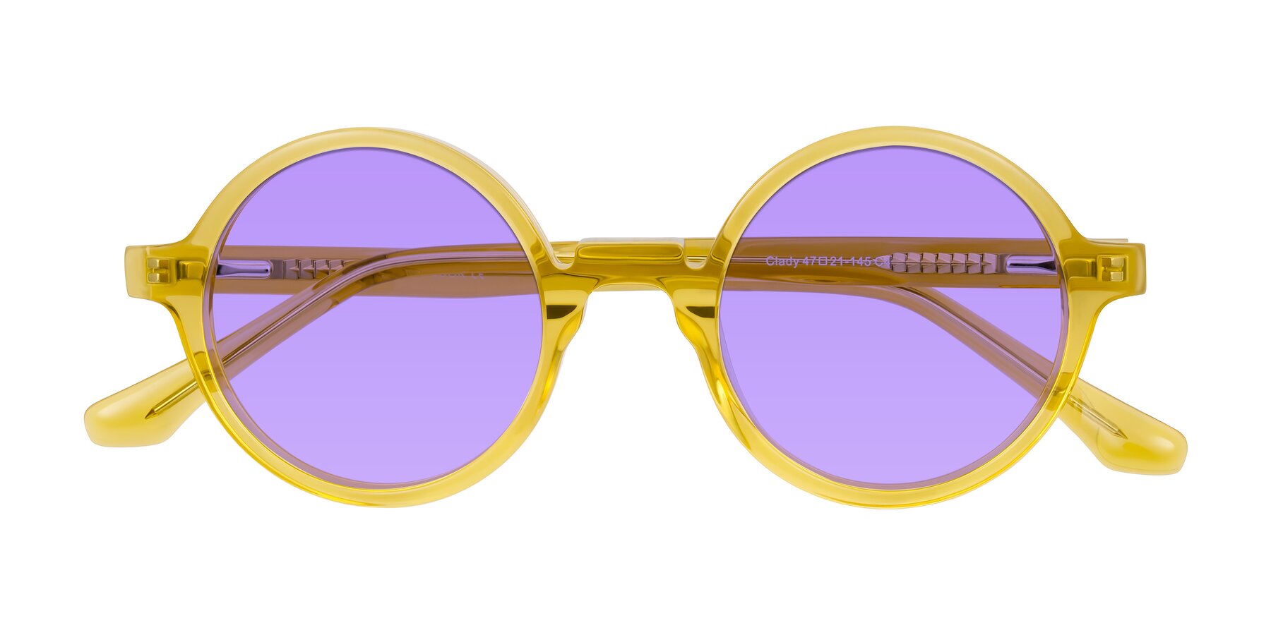 Folded Front of Clady in Mustard Crystal with Medium Purple Tinted Lenses