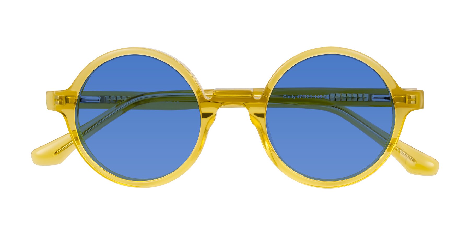 Folded Front of Clady in Mustard Crystal with Blue Tinted Lenses