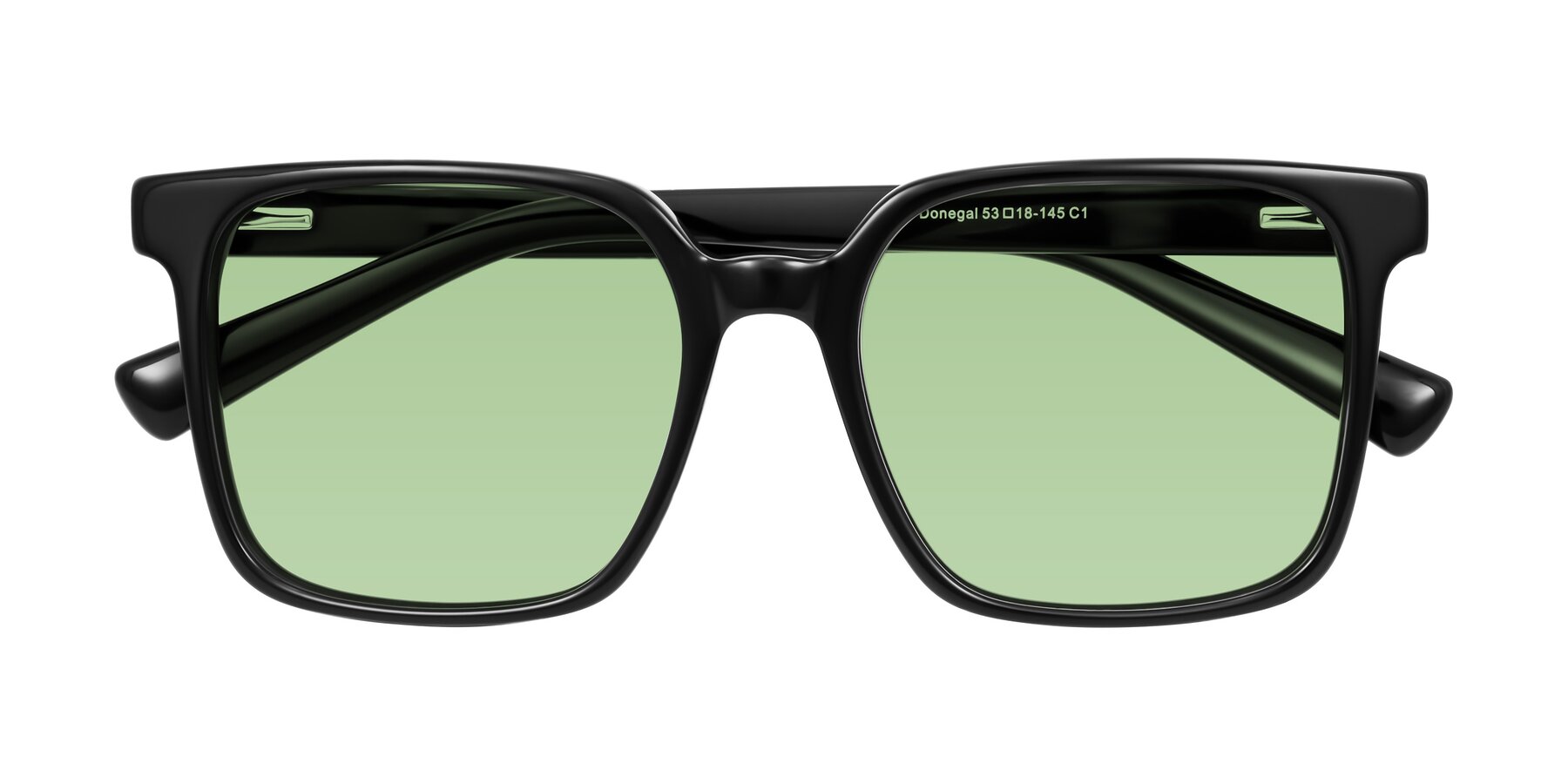 Folded Front of Donegal in Black with Medium Green Tinted Lenses