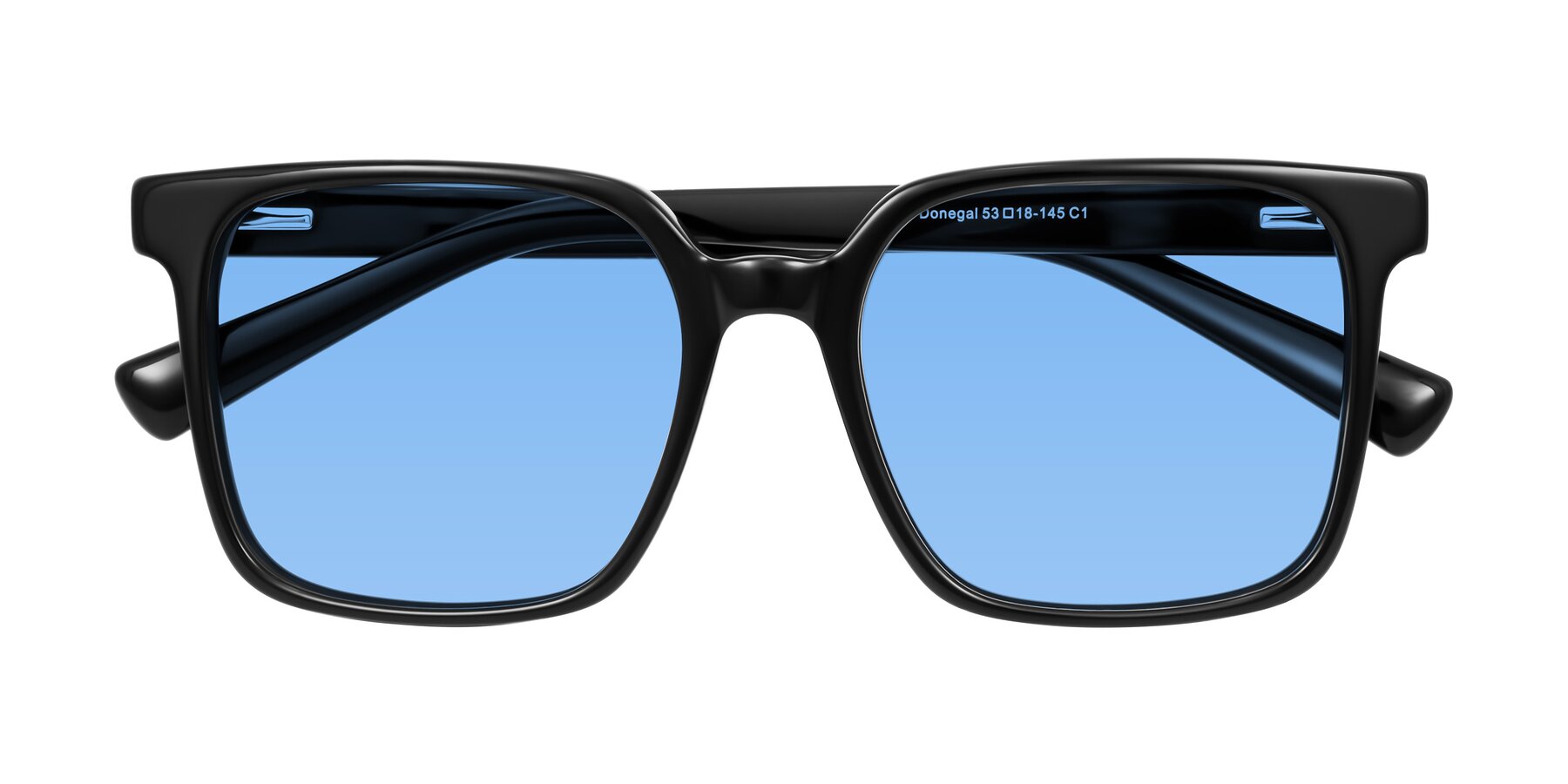 Folded Front of Donegal in Black with Medium Blue Tinted Lenses