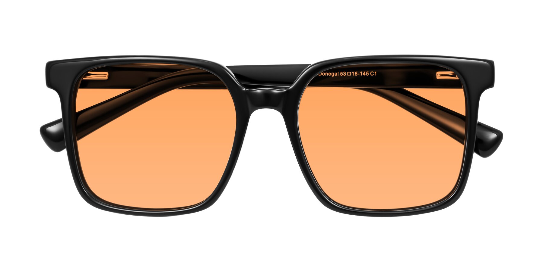 Folded Front of Donegal in Black with Medium Orange Tinted Lenses