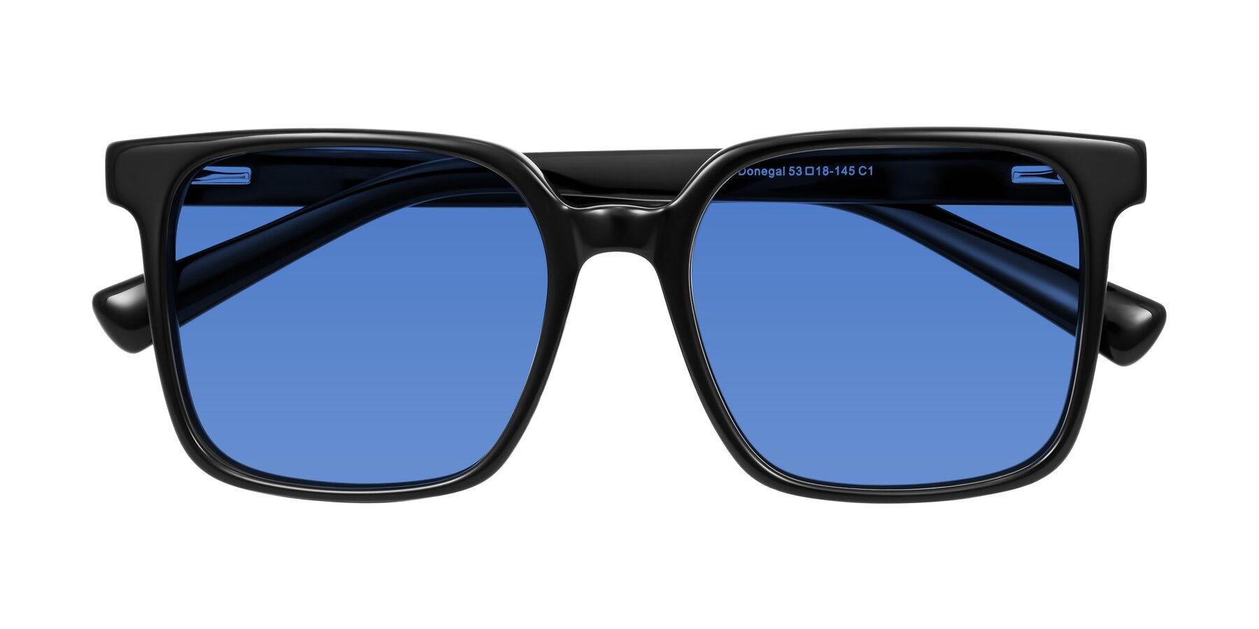 Folded Front of Donegal in Black with Blue Tinted Lenses