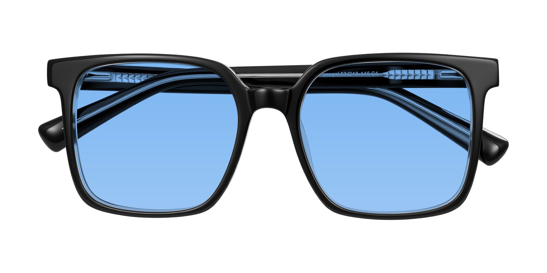 Folded Front of Donegal in Black/Clear with Medium Blue Tinted Lenses