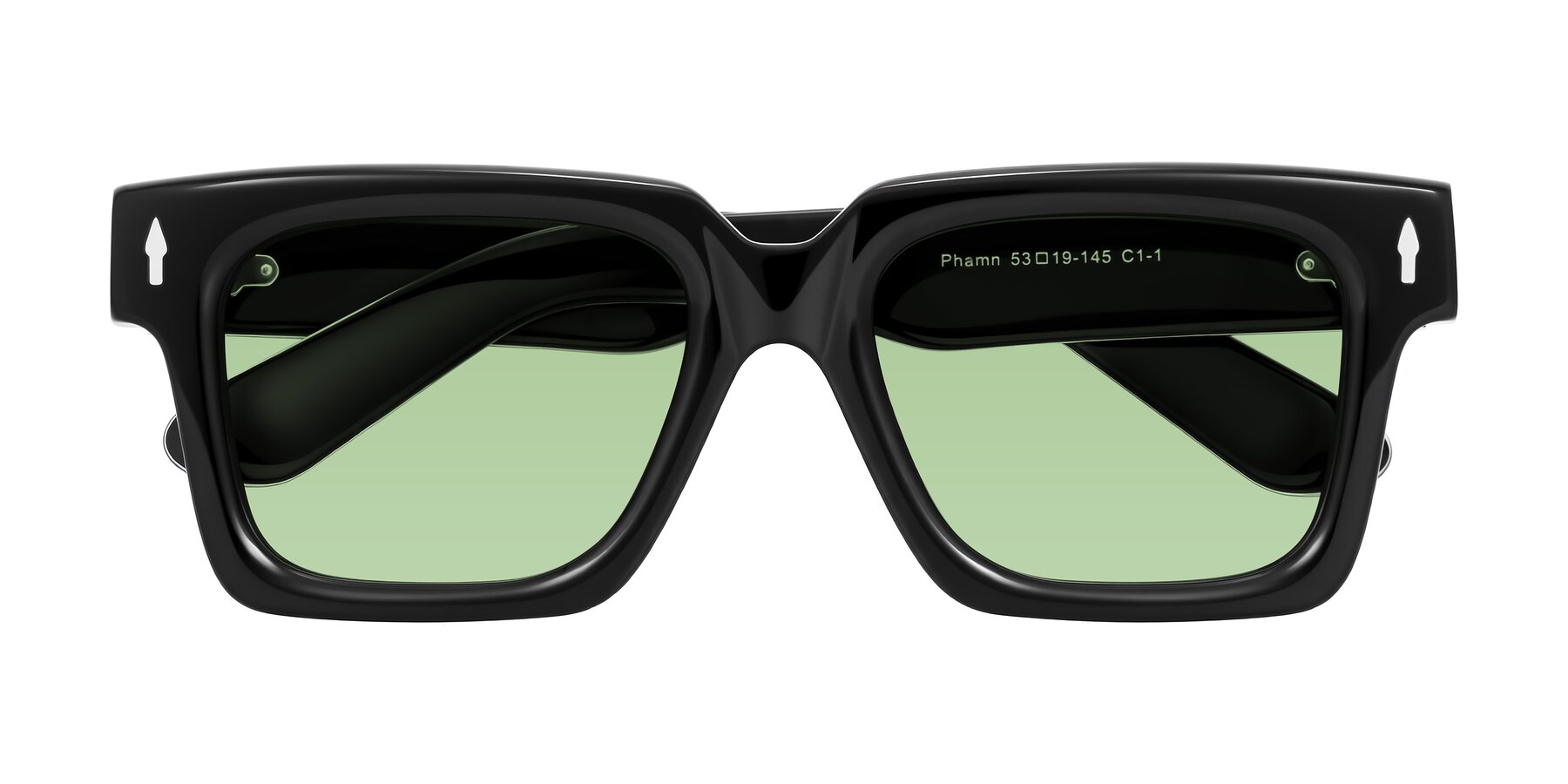 Folded Front of Phamn in Black with Medium Green Tinted Lenses